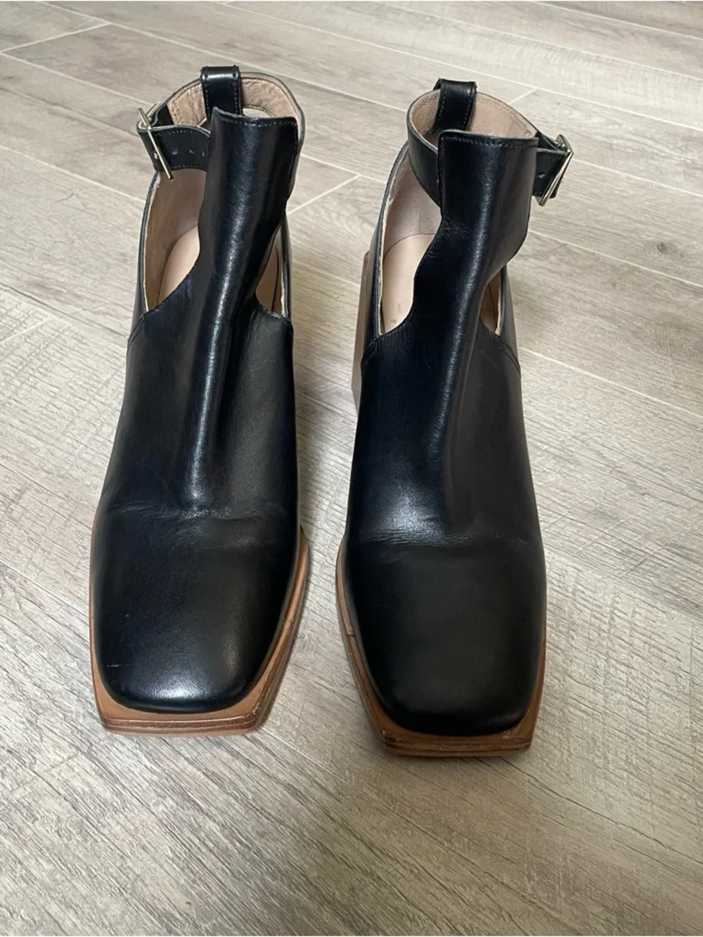 Free People Brady Buckle Black Leather Stacked Block Heel Ankle Booties 41 $140